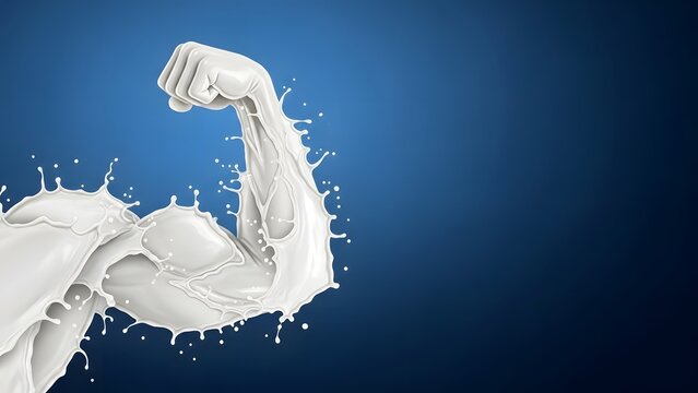 Strong muscular arm made of milk splash symbolizing calcium nutrition strength protein dairy power and healthy lifestyle concept