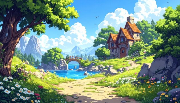 Enchanting Fantasy Landscape with Cozy Cottage and Sparkling River.
