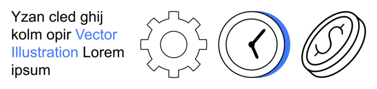 Business, time management, industry, financial planning, productivity, technology. Gear, clock and coin shapes displayed in a minimalist style. Business and time management concepts
