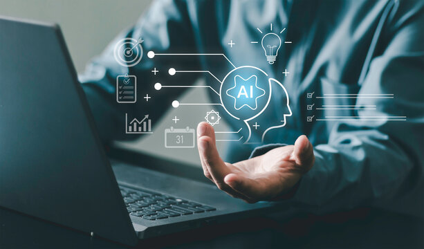 Artificial intelligence workflow concept, head, AI system integration icons. Business process automation, machine learning, task management, data analysis, smart decision making in digital environment