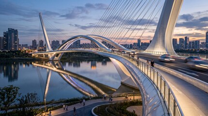 Naklejka premium Futuristic cable-stayed bridge with elegant arches illuminated at dusk, spanning a river alongside a modern city skyline and urban landscape.