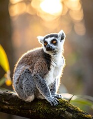 Fototapeta premium Ring-tailed lemur sits on a mossy branch in golden hour light