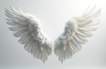 Fototapeta premium Pair of pristine white angel wings detailed with fluffy soft feathers against light grey background. Feathery layers create sense of ethereal beauty, grace. Divine appendages signify purity,