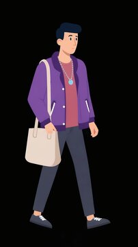 Vector Flat Design Illustration of Stylish Man in Purple Bomber Jacket Walking with Tote Bag