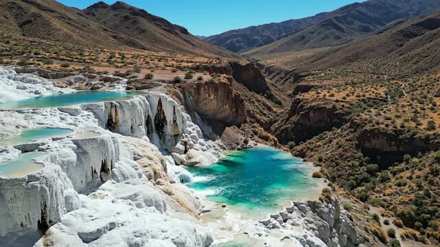 Aerial view of turquoise hot springs cascading over white rock formations in a desert canyon landscape on a sunny day