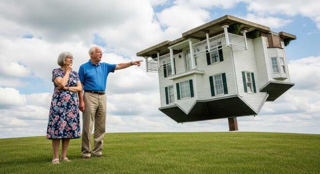 An elderly couple stands on a grassy hill, pointing at a surreal, upside-down house floating in the air. The man, wearing a blue shirt and pants, gestures with his right hand.