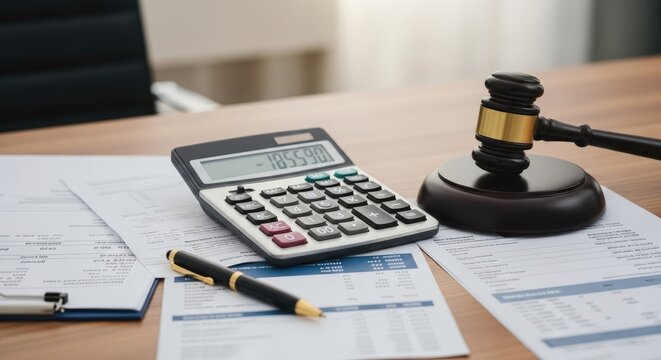 A calculator sits on a wooden desk alongside legal documents, a gavel, and pens. The scene suggests financial or legal calculations.