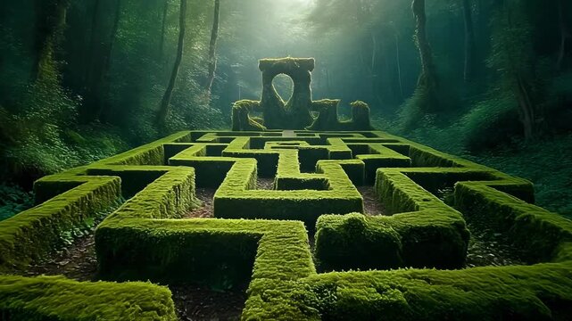 Mossy maze leads to stone ruin in misty forest