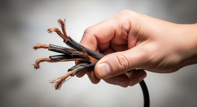 A person holds a frayed electrical cable in their hand. The cable is black with exposed copper wires.