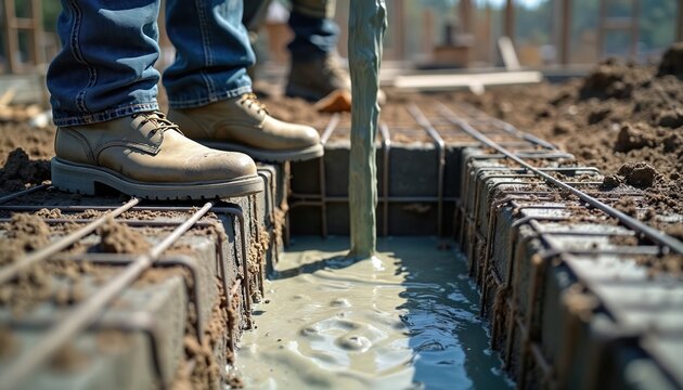 Workers pour concrete into steel rebar framework for building foundation. Construction site activity shows wet cement filling formwork with rebar reinforcement. Process of building house base.