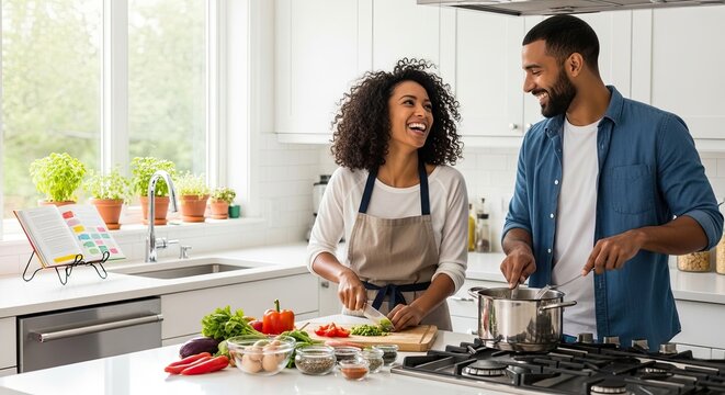A smiling Black man and woman are cooking together in a bright, modern kitchen. The woman wears an apron and is chopping vegetables on a cutting board while the man is stirring a pot on the stove.