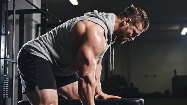 A muscular man with sweat on his brow performs a rowing exercise with a dumbbell in a dimly lit gym.