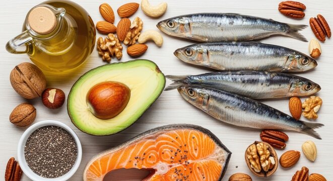 A white wooden surface displays a selection of healthy foods.