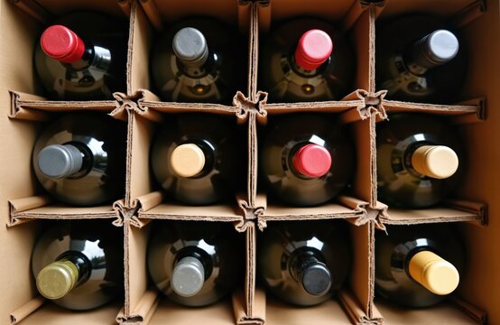 Twelve round wine bottles are neatly arranged in a cardboard box. Different colored caps on bottles suggest varied wine types. Ready for storage or transport.