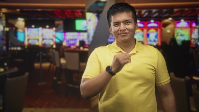 Young hispanic man in yellow polo touching mouth with fist and gesturing with other hand while standing near slot machines and chairs in casino; thoughtful anticipation.