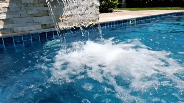 Tranquil Swimming Pool Waterfall Feature with Crystal Clear Blue Water and Bubbling Effect in Sunlight