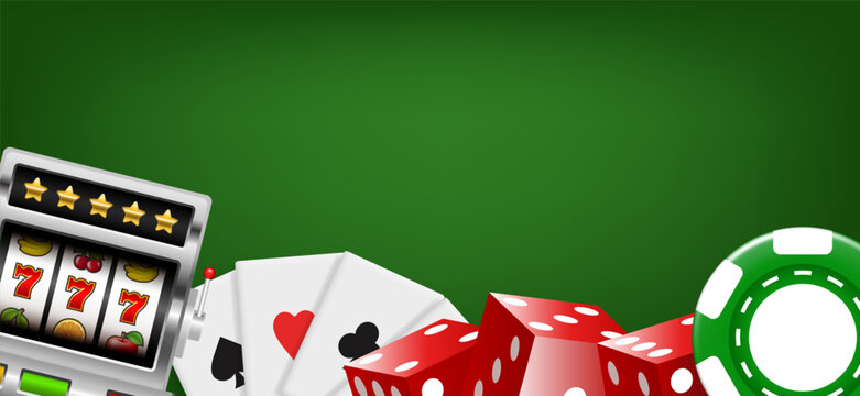 Slot machine, playing cards, red dice and chips. Vector 3d illustration on green background.