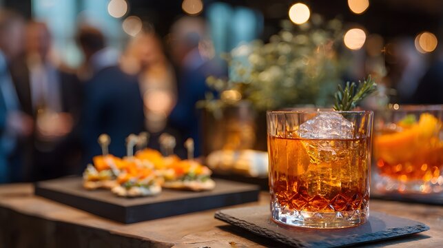 Elegant office happy hour with cocktails and appetizers