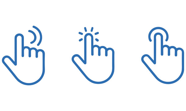 Computer mouse cursor hand click icons set showing various interaction states in a clean blue line art style for web and app development