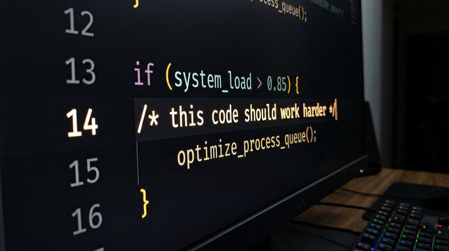 Programming code computer screen software development coding developer workspace system load optimize process code comment dark mode keyboard technology monitor side angle glowing script text