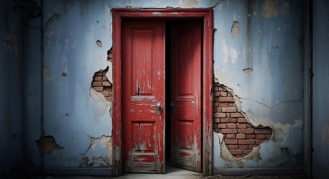 Vintage red wooden door with intricate carvings in weathered blue wall red door weathered texture