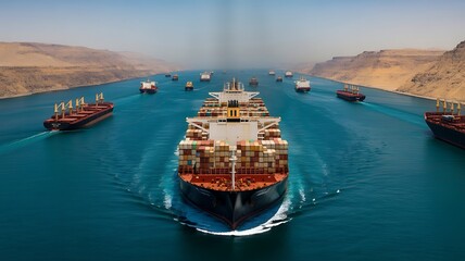 Fototapeta premium Aerial View of Several Cargo Ships Sailing in the Strait of Hormuz 