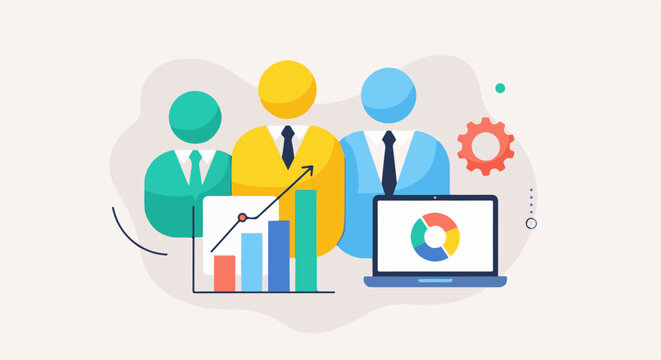 Stylized figures in suits, with graphs, charts, and a laptop, depict teamwork and data analysis in a business context