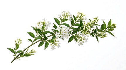Fototapeta premium Fragrant White Jasmine Sprig with Green Leaves isolated on white background