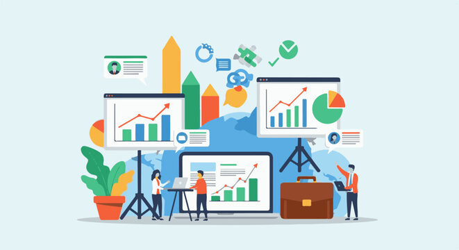 Business growth concept with people analyzing charts and global data visualization