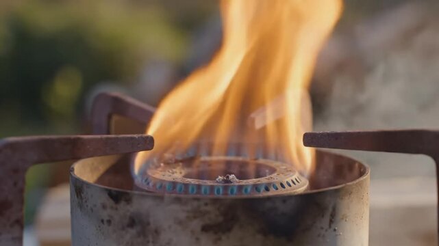 Close-up of a Portable Gas Burner Flame Burning with Bright Orange and Blue Colors Outdoors