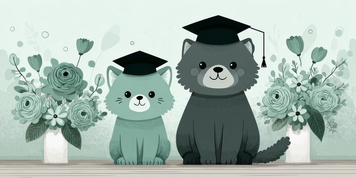 Two cats wearing graduation caps sit on wooden floor beside teal floral arrangements against mint-green patterned background, suitable for graduation themes pet gifts seasonal campaigns