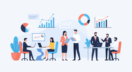 Obraz premium A modern office scene depicts diverse colleagues collaborating, reviewing charts and graphs for business insights