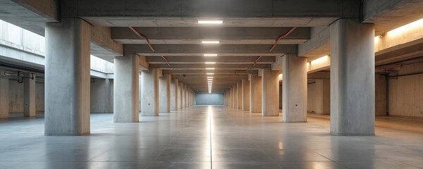 Naklejka premium Modern spacious underground parking garage with concrete pillars and bright illumination. Minimalist industrial design, clean empty space for vehicles and safe parking. Useful urban facility.