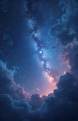 Fototapeta premium Deep blue night sky with milky way galaxy visible through dark clouds. Stars twinkle in cosmic expanse. Pink and orange hues touch cloud edges. Space nebula background.