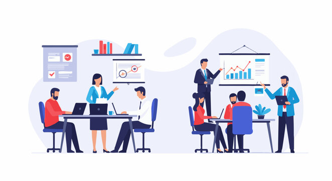 A group of people in a modern office setting are engaged in a business meeting and presentation with charts