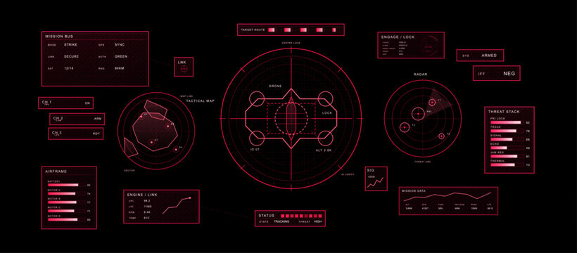 Futuristic Red Tactical Drone HUD Interface on Black. Neon red military-style control dashboard with drone lock view, radar, tactical map, threat levels, engine stats. Drone HUD cockpit view. Vector