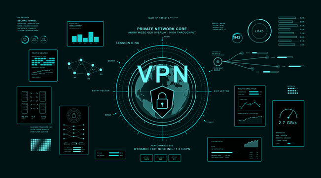 Futuristic VPN Security Dashboard Interface with Global Network. Neon cyan cybersecurity dashboard featuring VPN routing, encrypted traffic, network analytics. Vector banner VPN and Proxy server