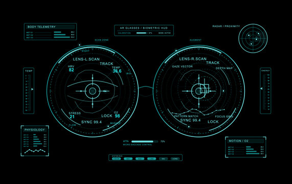 Futuristic AR Glasses Biometric HUD Interface View. First-person augmented reality interface, featuring biometric telemetry. Vector HUD AR glasses view in cyberpunk style. Futuristic User Interface