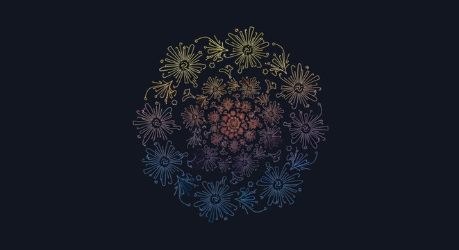 Abstract mandala pattern with glowing gradient colors on dark background