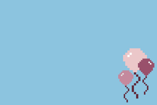 Pink Pixel Art Balloons with Blue Background. Happy Birth Day and Party Theme. Perfect as a vector illustration for the presentation and PowerPoint template

