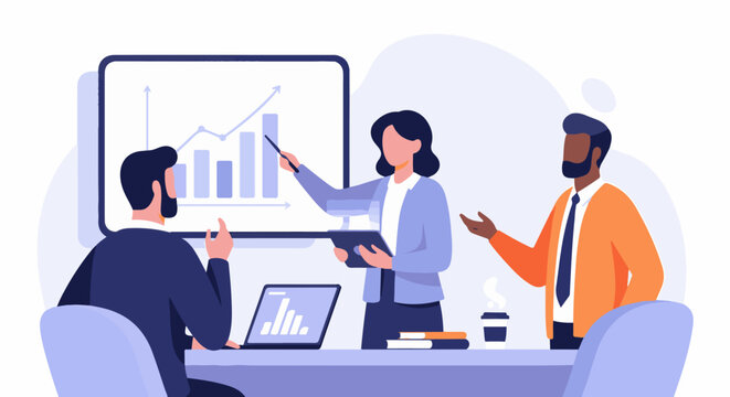 Diverse professionals in a meeting room discussing business growth with a digital presentation