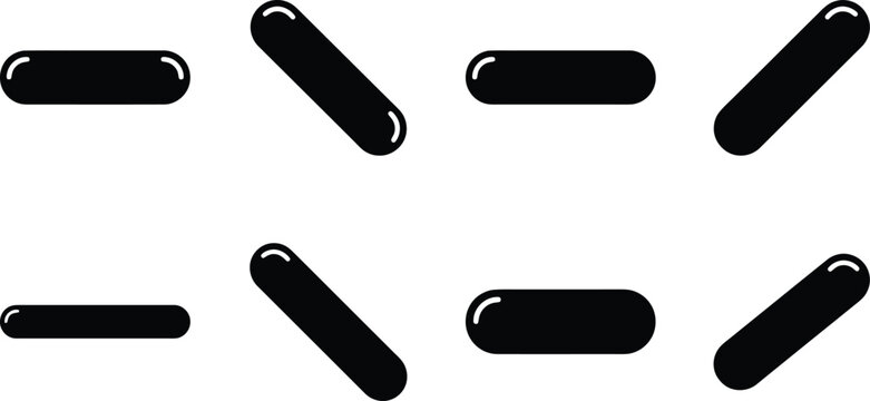 Eight Black Rounded Rectangles in Various Orientations on a White Background capsule pill
