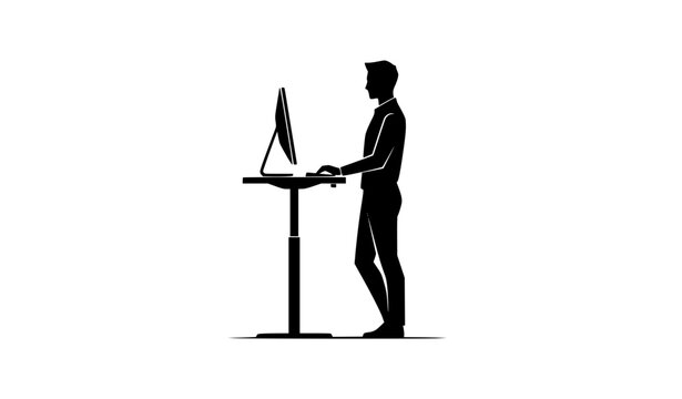 Standing freelancer silhouette working on computer modern business workspace minimalist vector