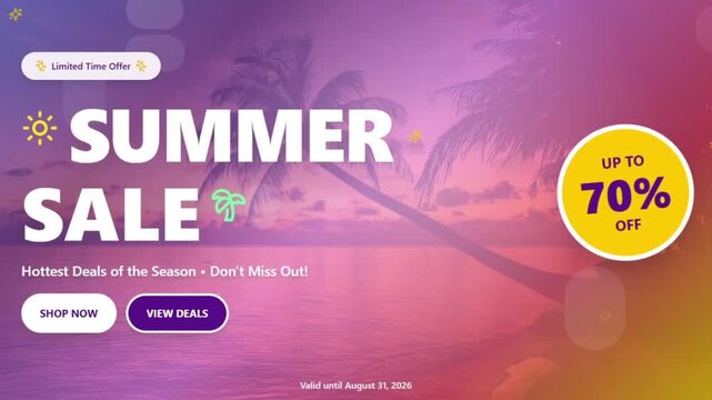Summer sale promotional banner with 70 percent discount, tropical beach sunset background with palm trees, seasonal marketing web header