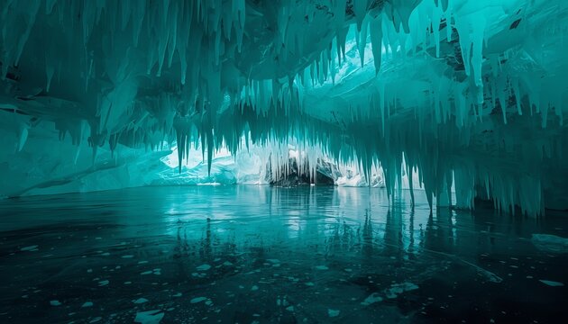 A serene and icy cave illuminated by blue light reflections