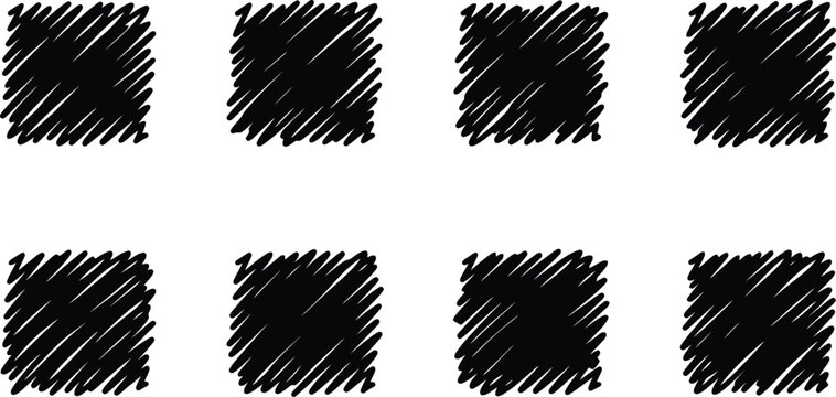 Eight Black Scribbled Square Textures on a White Background black and white hatching