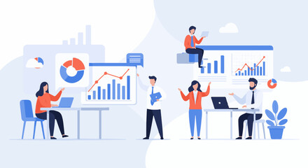 Obraz premium Diverse professionals collaborating on data analysis, presenting charts and graphs in modern office setting