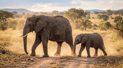 Fototapeta premium Majestic African elephant cow walking with her young calf across the dusty savannah at sunset in a wildlife reserve