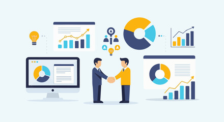 Naklejka premium Business professionals shake hands amidst charts, graphs, pie charts, and lightbulb icons