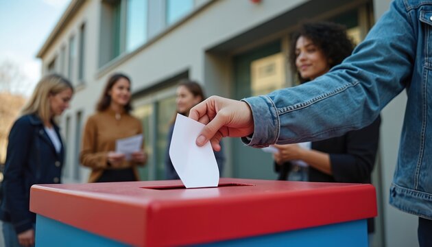 People cast votes into a ballot box in front of a building. Diverse citizens participate in civic duty and democratic process outside. Vote, election, community engagement.